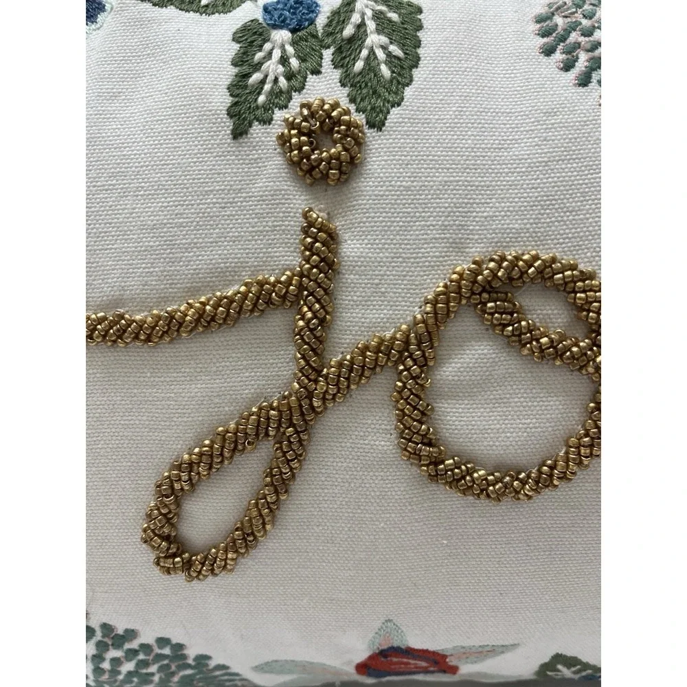 Christmas Throw Pillow Joy Beaded Embroidery White Gold Green Red Tassels 17x9.5